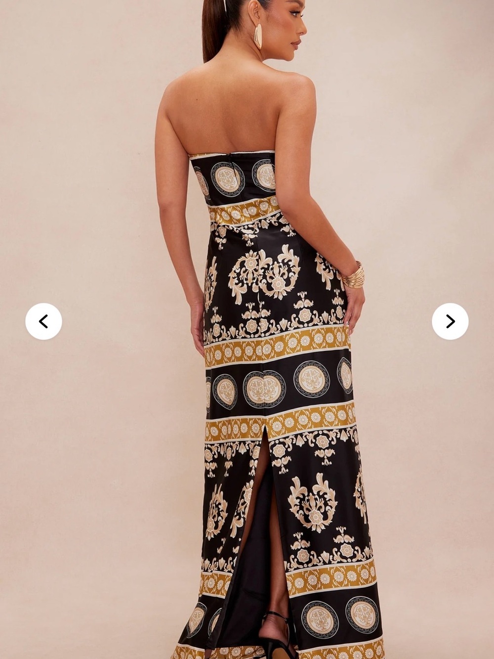 Fashion Nova Black Strapless Baroque Maxi Dress with Gold Accents